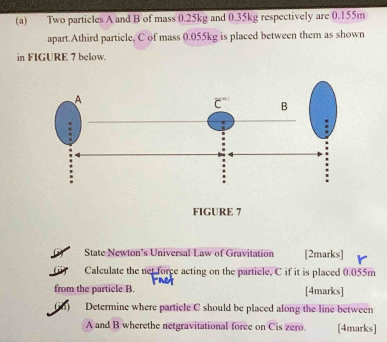 Two particles A and B of mass 0.25kg and 0.35kg respectively are 0.155m
apart.Athird particle, C of mass 0.055kg is placed between them as shown 
in FIGURE 7 below. 
FIGURE 7 
or State Newton’s Universal Law of Gravitation [2marks] 
(i) Calculate the net force acting on the particle, C if it is placed 0.055m
from the particle B. [4marks] 
(in) Determine where particle C should be placed along the line between
A and B wherethe netgravitational force on Cis zero. [4marks]