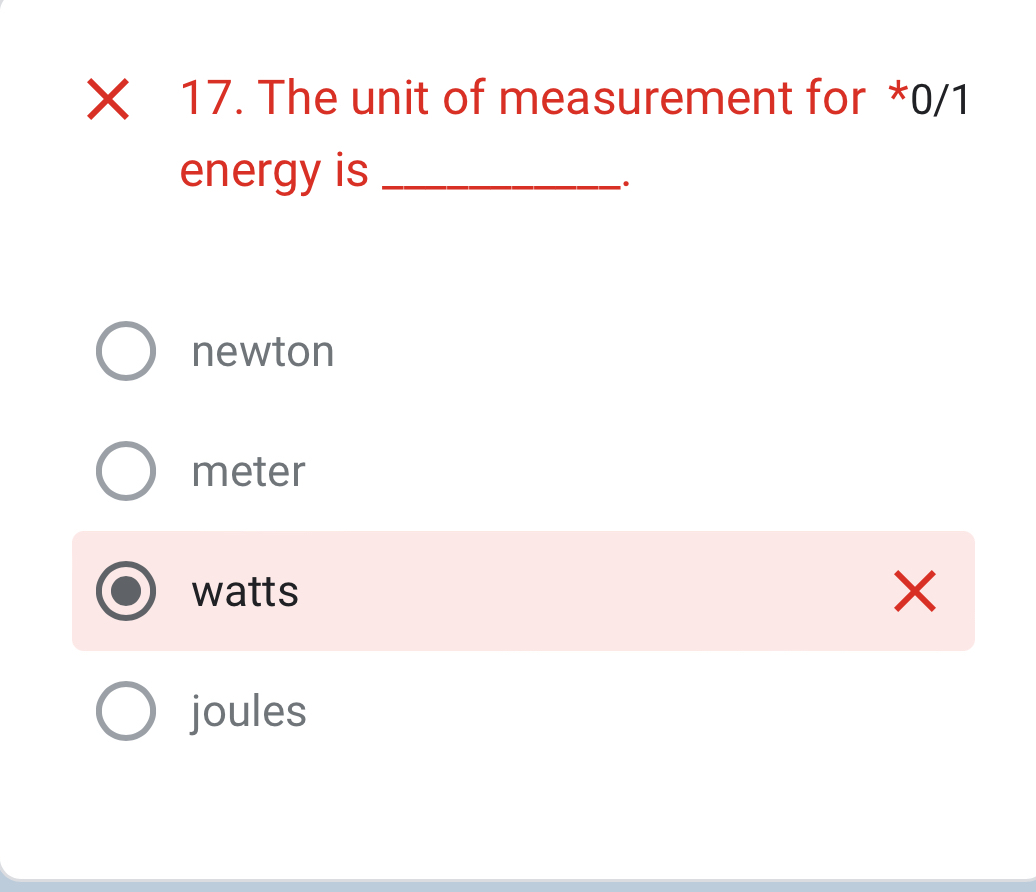 × 17. The unit of measurement for *0/1
energy is_
.
newton
meter
watts ×
joules