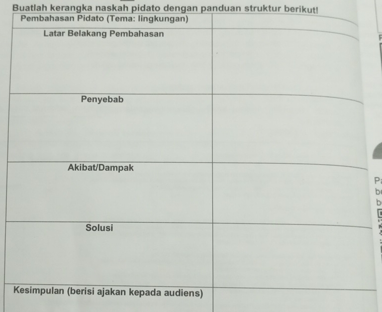 Buatlah kerangka naskah pidato dengan panduan struktur berikut!
P
b
b