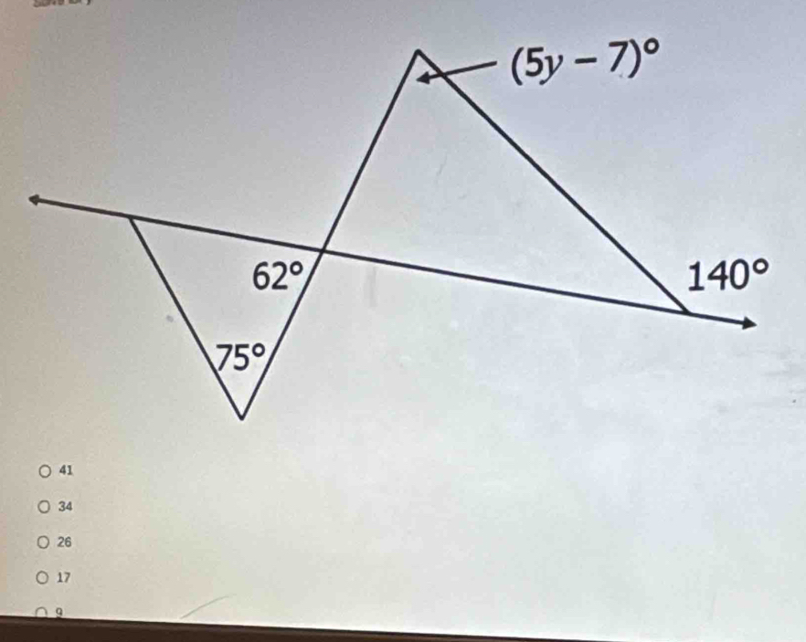 (5y-7)^circ 
62°
140°
75°
41
34
26
17