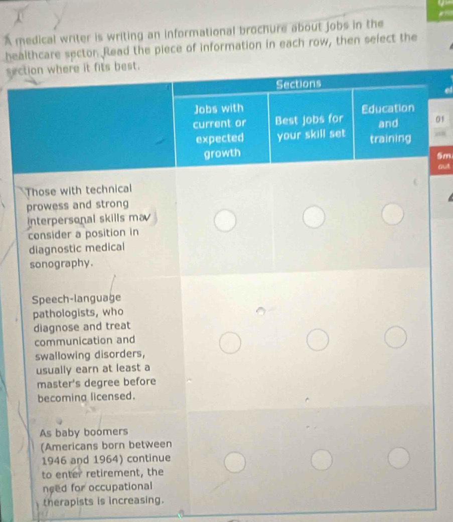 us 
A medical writer is writing an informational brochure about jobs in the 
healthcare sector Read the piece of information in each row, then select the 
sect 
01 
Sm 
out 
therapists is increasing.