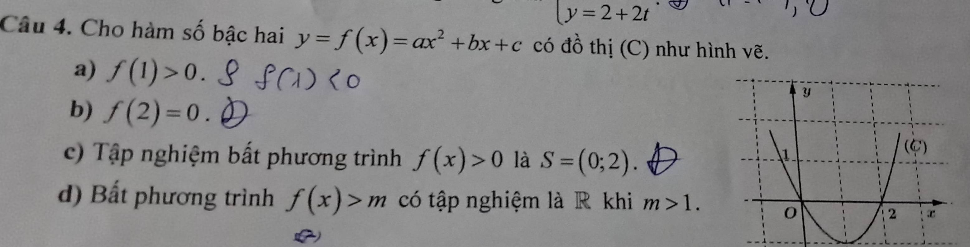 y=2+2t
Câu 4. Cho hàm số bậc hai y=f(x)=ax^2+bx+c có đồ thị (C) như hình vẽ.
a) f(1)>0.
b) f(2)=0
c) Tập nghiệm bất phương trình f(x)>0 là S=(0;2).
d) Bất phương trình f(x)>m có tập nghiệm là R khi m>1. 
.