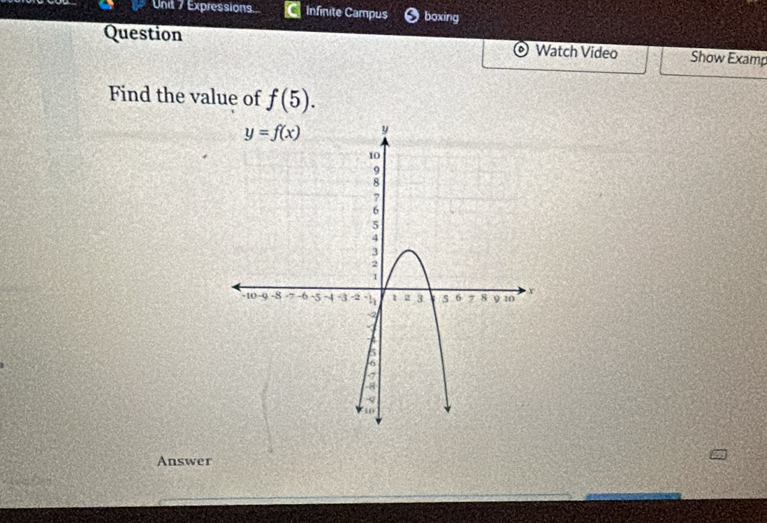 Uni 7 Expressions. Infinite Campus boxing
Question Watch Video Show Examp
Find the value of f(5).
Answer