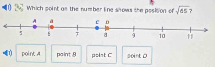 Which point on the number line shows the position of sqrt(65) ?
D point A point B point C point D