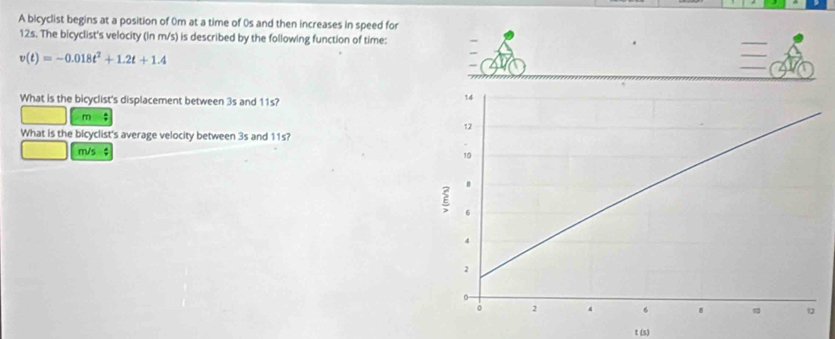 A bicyclist begins at a position of (m at a time of 0s and then increases in speed for
12s. The bicyclist's velocity (in m/s) is described by the following function of time:
v(t)=-0.018t^2+1.2t+1.4
What is the bicyclist's displacement between 3s and 11s?
m :
What is the bicyclist's average velocity between 3s and 11s?
m/s $
t (s)