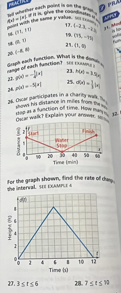 PRACTILL
f(x)=|x| Tell whether each point is on the graph PRA
. If it is, give the coordinates of APPLY
point with the same y value. SEE EXAMPL 17. (-2.3,-2.3) 31. Mod
16. (11,11)
is lo
19. (15,-15) solic
18. (0,1)
fun
21. (1,0)
20. (-8,8)
Graph each function. What is the domain 
range of each function? Séé eXample 2
22. g(x)=- 1/4 |x| 23. h(x)=3.5|x|
24. p(x)=-5|x| 25. d(x)= 1/3 |x|
26. Oscar participates in a charity walk. The
shows his distance in miles from the w 
stop as a function of time. How many 
Oscar walk? Explain your answer, se 32.
For the graph shown, find the rate of chang
the interval. SEE EXAMPLE 4
27. 3≤ t≤ 6 28. 7≤ t≤ 10