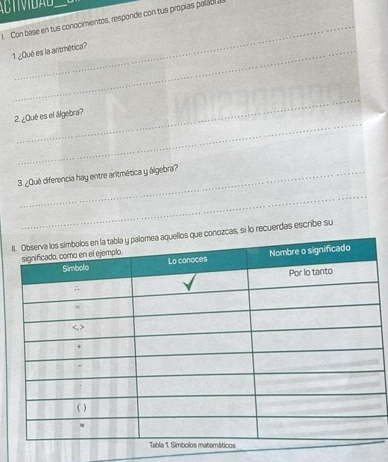 ACTIMIDaD 
_ 
I. Con base en tus conocimientos, responde con tus propías palabí as 
1. ¿Qué es la aritmética? 
_ 
_ 
2. ¿Qué es el álgebra? 
3. ¿Qué diferencia hay entre aritmética y álgebra? 
_ 
Izcas, si lo recuerdas escribe su