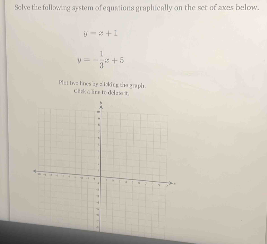 Solve the following system of equations graphically on the set of axes below.
y=x+1
y=- 1/3 x+5
Plot two lines by clicking the graph.
Click a line to delete it.