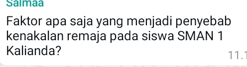 Salmaa 
Faktor apa saja yang menjadi penyebab 
kenakalan remaja pada siswa SMAN 1 
Kalianda? 11.