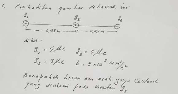 Purbadibas gam bar di Sacoce in
di het :
g_1=4mu _2 g_3=5mu c
q_2=qmu _C k=9* 10^9mu m^2/e^2
Brrapakes Lesar dan aral gay a Coulomb
yang dialam bade muaf. q_3