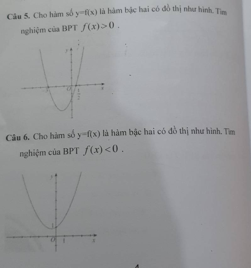 Cho hàm số y=f(x) là hàm bậc hai có đồ thị như hình. Tìm
nghiệm của BPT f(x)>0.
Câu 6. Cho hàm số y=f(x) là hàm bậc hai có đồ thị như hình. Tìm
nghiệm của BPT f(x)<0.