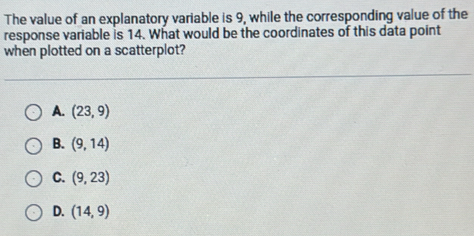 The value of an explanatory variable is 9, while the corresponding value of the
response variable is 14. What would be the coordinates of this data point
when plotted on a scatterplot?
A. (23,9)
B. (9,14)
C. (9,23)
D. (14,9)