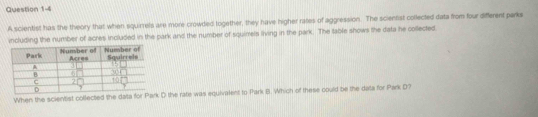 A scientist has the theory that when squirrels are more crowded together, they have higher rates of aggression. The scientist collected data from four different parks 
including the number of acres included in the park and the number of squimels living in the park. The table shows the data he collected 
When the scientist collected the data for Park D the rate was equivalent to Park B. Which of these could be the data for Park D?