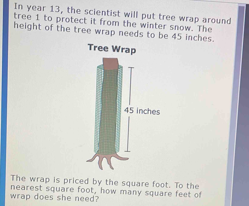 In year 13, the scientist will put tree wrap around tree 1 to protect ...