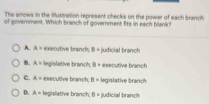 The arrows in the illustration represent checks on the power of each branch
of government. Which branch of government fits in each blank?
A. A= executive branch; B= judicial branch
B. A= legislative branch; B= executive branch
C. A= executive branch; B= legislative branch
D. A= legislative branch; B= judicial branch