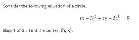 Consider the following equation of a circle.
(x+3)^2+(y-5)^2=9
Step 1 of 3 : Find the center, (h,k).