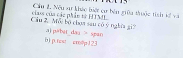 Nêu sự khác biệt cơ bản giữa thuộc tính id và 
class của các phần tử HTML. 
Câu 2. Mỗi bộ chọn sau có ý nghĩa gi? 
a) p#bat_dau > span 
b) p.test em# p123