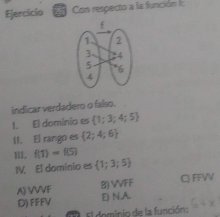 Con respecto a la función I:
indicar verdadero o falso.
1. El dominio es  1;3;4;5
I1. El rango es  2;4;6
ⅢI, f(1)=f(5)
IV. El dominio es  1;3;5
A) VVVF B) VVFF
C) FFVV
D) FFFV E) N.A.
El dominio de la función: