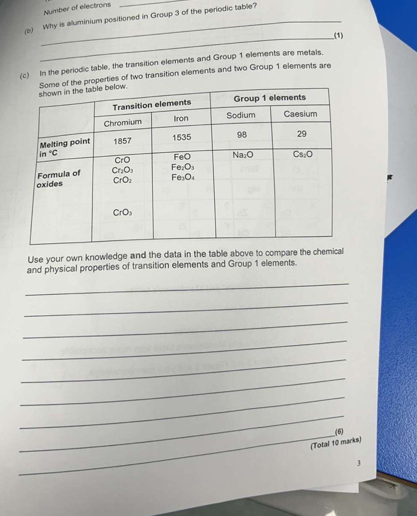 Number of electrons
_
(b) Why is aluminium positioned in Group 3 of the periodic table?
_(1)
(c) In the periodic table, the transition elements and Group 1 elements are metals.
properties of two transition elements and two Group 1 elements are
Use your own knowledge and the data in the table above to compare the chemical
and physical properties of transition elements and Group 1 elements.
_
_
_
_
_
_
_
_
_(6)
(Total 10 marks)
3
