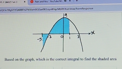 PS 1 SM025 Set 3 × Rain and You - YouTube Mo B + 
pQL5c1BgVYYQ488FhZPkVixm8G0ae0IEEeys4HqcMbRfJXulcVow/formResponse 
Based on the graph, which is the correct integral to find the shaded area