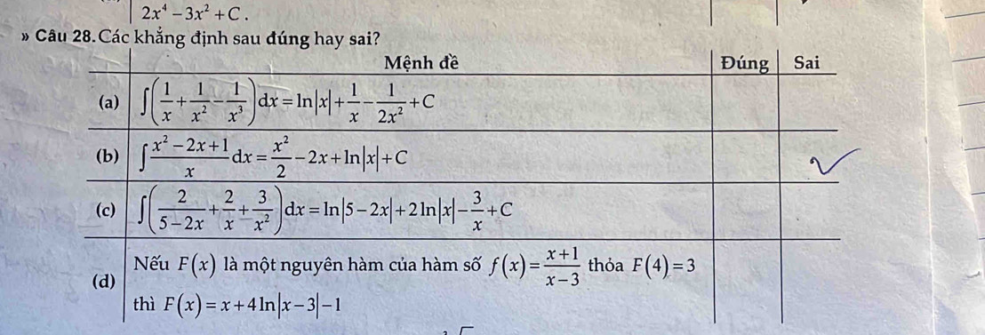 2x^4-3x^2+C.
Câu 28.Các khẳng đ