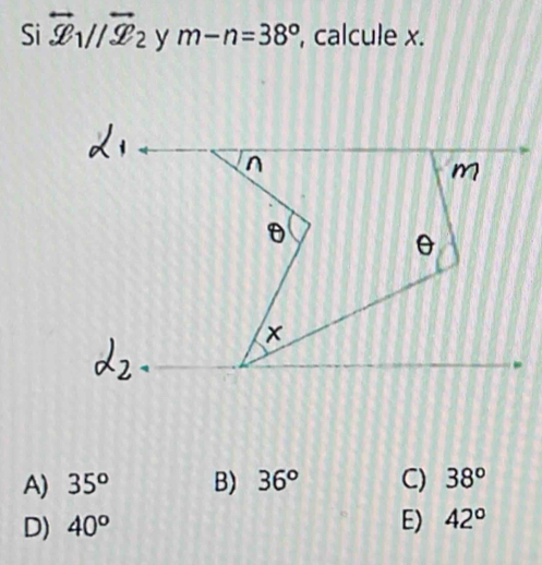 Si overleftrightarrow x_1//overline x_2 y m-n=38° , calcule x.
A) 35^o B) 36° C) 38°
D) 40^o E) 42°