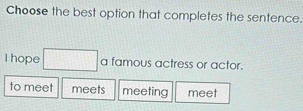 Choose the best option that completes the sentence.
I hope □ a famous actress or actor.
to meet meets meeting meet