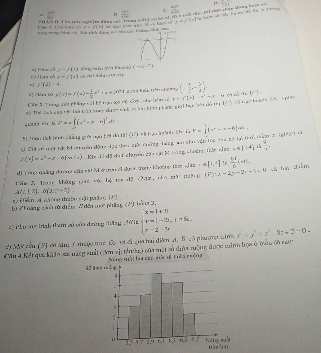 D. frac 501·
A.  400/501   307/506 · C.  443/506 .
PH I. Câu trắc nghiệm đúng sai ng mỗi ý a), b), c), d) ở mỗi câu, thí sinh chọn đùng hoặc sai.
B.
Câu 1. Cho hàm số y=f(x) có đạo hàm trên  vā hàm số y=f'(x) là hàm số bậc ba có đồ thị là đường
cong trong hình vê. Xét tính đùng sai của các khẳng định sau:
a) Hàm số y=f(x) đồng biến trên khoáng (-∈fty ;-2).
b) Hàm số y=f(x) có hai điểm cực trị.
c) f'(2)=4.
d) Hàm số g(x)=f(x)- 1/2 x^2+x+2024 đồng biến trên khoảng (- 5/2 ;- 3/2 ).
Câu 2. Trong mặt phẳng với hệ trục tọa độ Oxy , cho hàm số y=f(x)=x^2-x-6 có đồ thị (C) .
a) Thể tích của vật thể tròn xoay được sinh ra khi hình phẳng giới hạn bởi đồ thị (C) và trục hoành Ox quay
quanh Ox là V=π ∈tlimits _0^(3(x^2)-x-6)^2dx.
b) Diện tích hình phẳng giới hạn bởi đồ thị (C) và trục hoành Ox là V=∈tlimits _(-2)^3(x^2-x-6)dx.
c) Giả sử một vật M chuyển động dọc theo một đường thẳng sao cho vận tốc của nó tại thời điểm x (giây) là
f(x)=x^2-x-6(m/s). Khi đó độ dịch chuyền của vật M trong khoảng thời gian x∈ [1;4] là  9/2 .
d) Tổng quãng đường của vật M ở trên đi được trong khoảng thời gian x∈ [1;4] là  61/6 (m).
Câu 3. Trong không gian với hệ tọa độ Oxyz, cho mặt phẳng (P): x-2y-2z-1=0 và hai điểm
A(1;1;2),B(3;2-3).
a) Điểm A không thuộc mặt phẳng (P) .
b) Khoảng cách từ điểm B đến mặt phẳng (P) bằng 3.
c) Phương trình tham số của đường thẳng AB là beginarrayl x=1+3t y=1+2t,t∈ R. z=2-3tendarray.
d) Mặt cầu (S) có tâm I thuộc trục Oz và đi qua hai điểm A, B có phương trình x^2+y^2+z^2-8z+2=0-
Câu 4 Kết quả khảo sát năng suất (đơn vị: tấn/ha) của một số thửa ruộng được minh họa ở biểu đồ sau:
Năng suất lúa cũa một số thứa ruộng