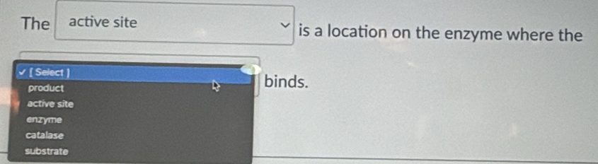 The active site is a location on the enzyme where the
[ Select ]
product
binds.
active site
enzyme
catalase
substrate