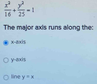  x^2/16 + y^2/25 =1
The major axis runs along the:
x-axis
y-axis
line y=x