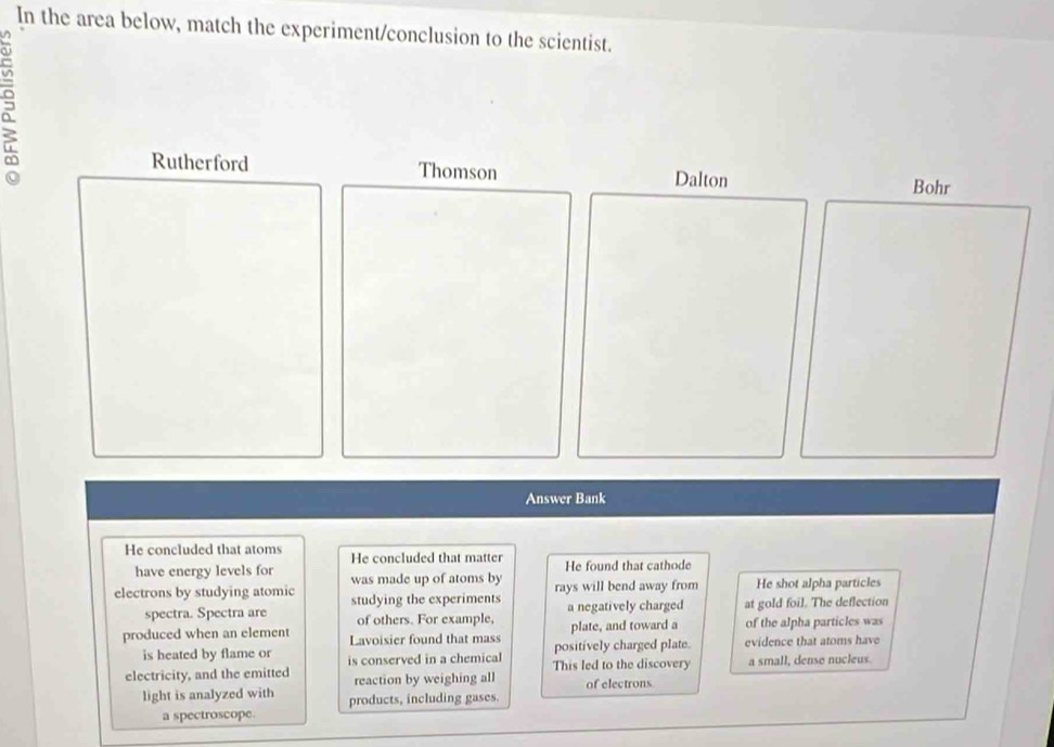 In the area below, match the experiment/conclusion to the scientist.
Rutherford Thomson Dalton
Answer Bank
He concluded that atoms He concluded that matter He found that cathode
have energy levels for was made up of atoms by
electrons by studying atomic studying the experiments rays will bend away from He shot alpha particles
spectra. Spectra are of others. For example, a negatively charged at gold foil. The deflection
plate, and toward a
produced when an element Lavoisier found that mass positively charged plate. of the alpha particles was
evidence that atoms have
is heated by flame or is conserved in a chemical
electricity, and the emitted reaction by weighing all This led to the discovery a small, dense nucleus.
light is analyzed with products, including gases. of electrons
a spectroscope.