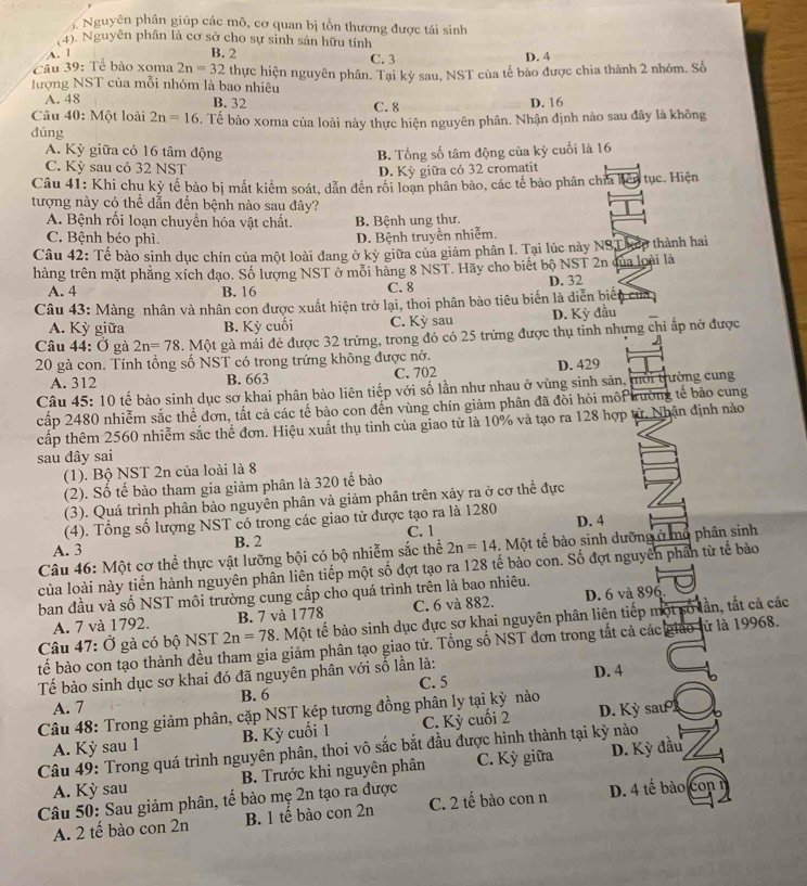 Nguyên phân giúp các mô, cơ quan bị tồn thương được tái sinh
(4). Nguyên phân là cơ sở cho sự sinh sản hữu tính
A. l B. 2 C. 3
Câu 39: Tế bào xoma 2n=32 D. 4
ượng NST của mỗi nhóm là bao nhiêu thực hiện nguyên phân. Tại kỳ sau, NST của tế bảo được chia thành 2 nhóm. Số
A. 48 B. 32 D. 16
Câu 40: Một loài 2n=16 C. 8
dúng . Tể bào xoma của loài này thực hiện nguyên phân. Nhận định nào sau đây là không
A. Kỳ giữa có 16 tâm động B. Tổng số tâm động của kỳ cuối là 16
C. Kỳ sau có 32 NST
D. Kỳ giữa có 32 cromatit
Câu 41: Khi chu kỳ tế bào bị mất kiểm soát, dẫn đến rồi loạn phân bào, các tế bảo phân chỉa hiên tục. Hiện
tượng này có thể dẫn đến bệnh nào sau đây?
A. Bệnh rối loạn chuyển hóa vật chất. B. Bệnh ung thư.
C. Bệnh béo phì. D. Bệnh truyền nhiễm.
Câu 42: Tế bào sinh dục chín của một loài đang ở kỳ giữa của giảm phân I. Tại lúc này NSLkếp thành hai
hàng trên mặt phẳng xích đạo. Số lượng NST ở mỗi hàng 8 NST. Hãy cho biết bộ NST 2n qủa loài là
A. 4 B. 16 C. 8 D. 32
Câu 43: Màng nhân và nhân con được xuất hiện trở lại, thoi phân bào tiêu biến là diễn biển của
A. Kỳ giữa B. Kỳ cuối C. Kỳ sau D. Kỳ đầu
Câu 44: Ở gà 2n=78. Một gà mái đẻ được 32 trứng, trong đó có 25 trứng được thụ tinh nhựng chi ấp nở được
20 gà con. Tính tổng số NST có trong trứng không được nở.
A. 312 B. 663 C. 702 D. 429
Câu 45: 10 tế bào sinh dục sơ khai phân bảo liên tiếp với số lần như nhau ở vùng sinh sản, mổi trường cung
cấp 2480 nhiễm sắc thể đơn, tất cả các tế bào con đến vùng chín giảm phân đã đòi hỏi môP trường tế bảo cung
cấp thêm 2560 nhiễm sắc thể đơn. Hiệu xuất thụ tinh của giao từ là 10% và tạo ra 128 hợp từ. Nhận định nào
sau đây sai
(1). Bộ NST 2n của loài là 8
(2). Số tế bào tham gia giảm phân là 320 tế bào
(3). Quá trình phân bảo nguyên phân và giảm phân trên xảy ra ở cơ thể đực
(4). Tổng số lượng NST có trong các giao tử được tạo ra là 1280
C. 1
A. 3 B. 2 D. 4
Câu 46: Một cơ thể thực vật lưỡng bội có bộ nhiễm sắc thể 2n=14. Một tế bào sinh dưỡng ở mô phân sinh
của loài này tiến hành nguyên phân liên tiếp một số đợt tạo ra 128 tế bào con. Số đợt nguyên phần từ tế bào
ban đầu và số NST môi trường cung cấp cho quá trình trên là bao nhiêu.
A. 7 và 1792. B. 7 và 1778 C. 6 và 882. D. 6 và 896.
Câu 47: Ở gà có bộ NST 2n=78. Một tế bào sinh dục đực sơ khai nguyên phân liên tiếp một số lần, tắt cả các
tế bào con tạo thành đều tham gia giảm phân tạo giao tử. Tổng số NST đơn trong tất cả các giáo lử là 19968.
Tế bào sinh dục sơ khai đó đã nguyên phân với số lần là: D. 4
A. 7 B. 6 C. 5
Câu 48: Trong giảm phân, cặp NST kép tương đồng phân ly tại kỳ nào
A. Kỳ sau 1 B. Kỳ cuối 1 C. Kỳ cuối 2 D. Kỳ sau 
Câu 49: Trong quá trình nguyên phân, thoi vô sắc bắt đầu được hình thành tại kỳ nào
A. Kỳ sau B. Trước khi nguyên phân C. Kỳ giữa D. Kỳ đầu
Câu 50: Sau giảm phân, tế bào mẹ 2n tạo ra được
A. 2 tế bào con 2n B. 1 tế bào con 2n C. 2 tế bào con n D. 4 tế bào on