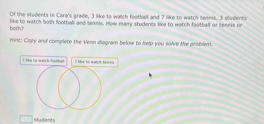 Of the students in Cara's grade, 3 like to watch football and 7 like to watch tennis. 3 students 
like to watch both football and tennis. How many students like to watch football or tennis or 
both? 
Hint: Copy and complete the Venn diagram below to help you solve the problem. 
I like to watch football 
students