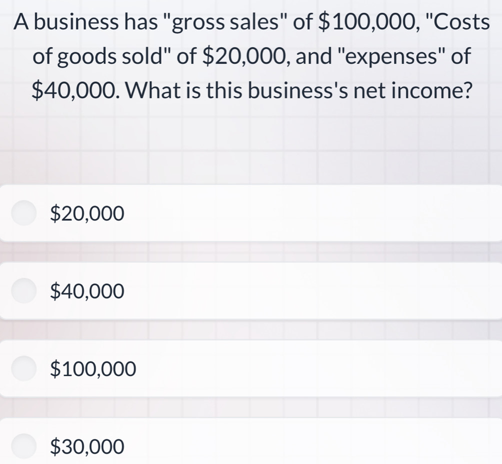 A business has "gross sales" of $100,000, "Costs
of goods sold'' of $20,000, and "expenses'' of
$40,000. What is this business's net income?
$20,000
$40,000
$100,000
$30,000