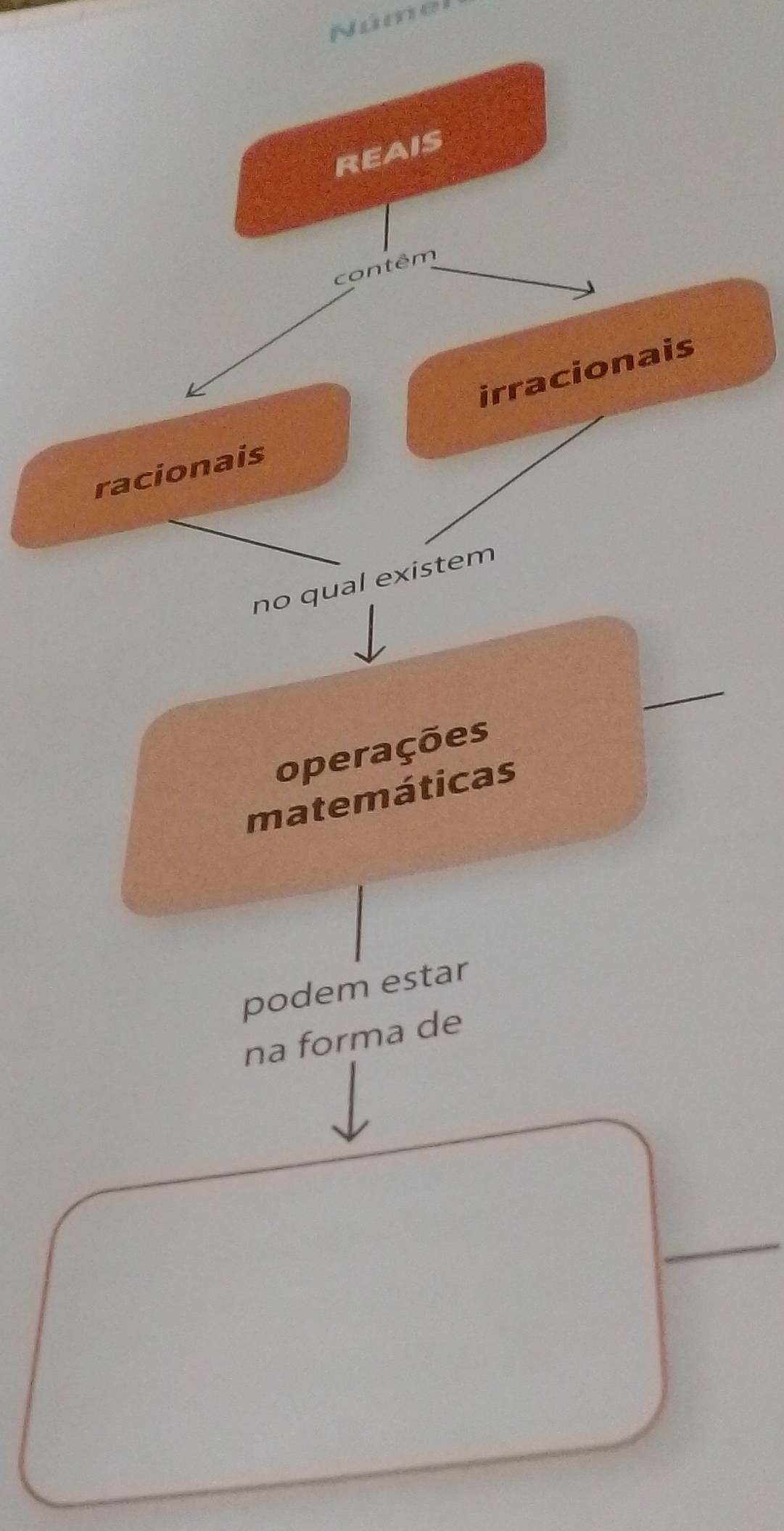 Núme 
REAIS 
contêm 
irracionais 
racionais 
no qual existem 
_ 
operações 
matemáticas 
podem estar 
na forma de 
_