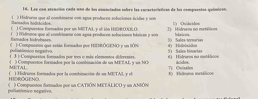 Lee con atención cada uno de los enunciados sobre las características de los compuestos químicos.
( ) Hidruros que al combinarse con agua producen soluciones ácidas y son
llamados hidrácidos. 1) Oxiácidos
( ) Compuestos formados por un METAL y el ión HIDROXILO. 2) Hidruros no metálicos
( ) Hidruros que al combinarse con agua producen soluciones básicas y son básicos.
llamados hidrobases. 3) Sales ternarias
( ) Compuestos que están formados por HIDRÓGENO y un IÓN 4) Hidróxidos
poliatómico negativo. 5) Sales binarias
( 3 ) Compuestos formados por tres o más elementos diferentes. 6) Hidruros no metálicos
( ) Compuestos formados por la combinación de un METAL y un NO ácidos.
METAL. 7) Oxisales
( ) Hidruros formados por la combinación de un METAL y el 8) Hidruros metálicos
HIDRÓGENO.
( ) Compuestos formados por un CATIÓN METÁLICO y un ANIÓN
poliatómico negativo.