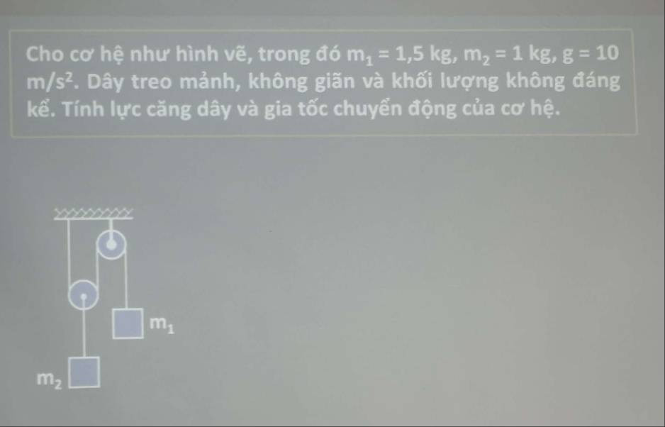 Cho cơ hệ như hình vẽ, trong đó m_1=1, 5kg, m_2=1kg, g=10
m/s^2. Dây treo mảnh, không giãn và khối lượng không đáng 
kể. Tính lực căng dây và gia tốc chuyển động của cơ hệ.
□ m_1
m_2 □