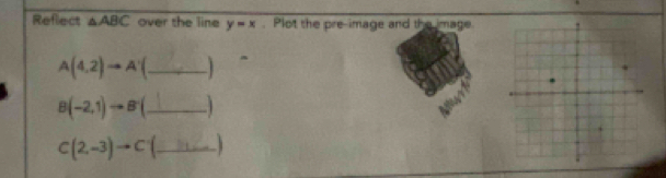 Reflect △ ABC over the line y=x. Plot the pre-image and the image
A(4,2)to A'(
B(-2,1)to B'( _ . 1
C(2,-3)to C( _ 1 _ 31