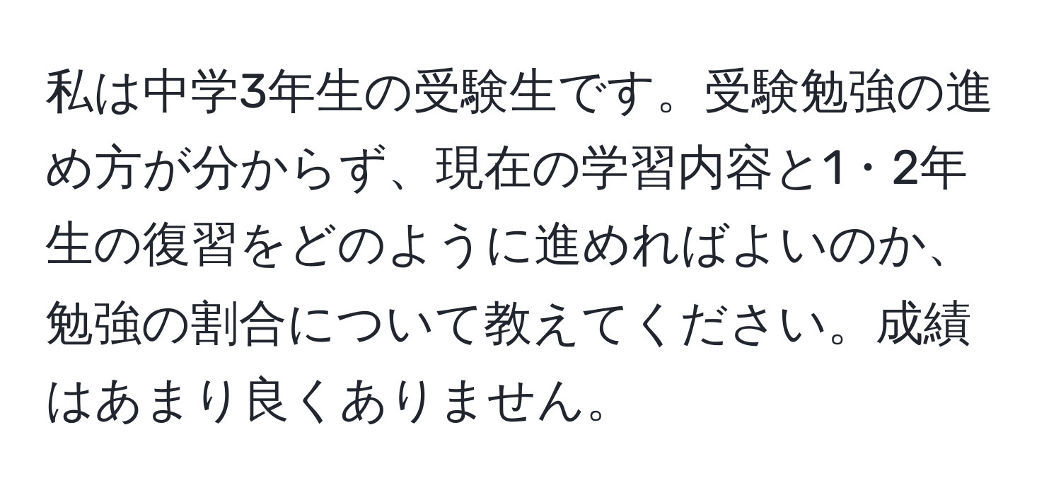 私は中学3年生の受験生です。受験勉強の進め方が分からず、現在の学習内容と1・2年生の復習をどのように進めればよいのか、勉強の割合について教えてください。成績はあまり良くありません。