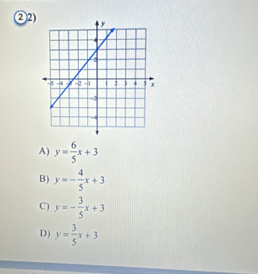 ②2)
A) y= 6/5 x+3
B) y=- 4/5 x+3
C) y=- 3/5 x+3
D) y= 3/5 x+3