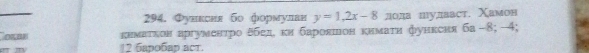 Функснε бо формулвн y=1, 2x-8 лола шудваст. Χамон 
кемвτкон вргументро δбед, ки барокшон кимаτη функсия ба - 8; -4;
12 Gaрοбαр act.