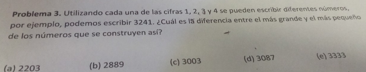 Problema 3. Utilizando cada una de las cifras 1, 2, 3 y 4 se pueden escribir diferentes números,
por ejemplo, podemos escribir 3241. ¿Cuál es la diferencia entre el más grande y el más pequeño
de los números que se construyen así?
(a) 2203 (b) 2889 (c) 3003 (d) 3087 (e) 3333