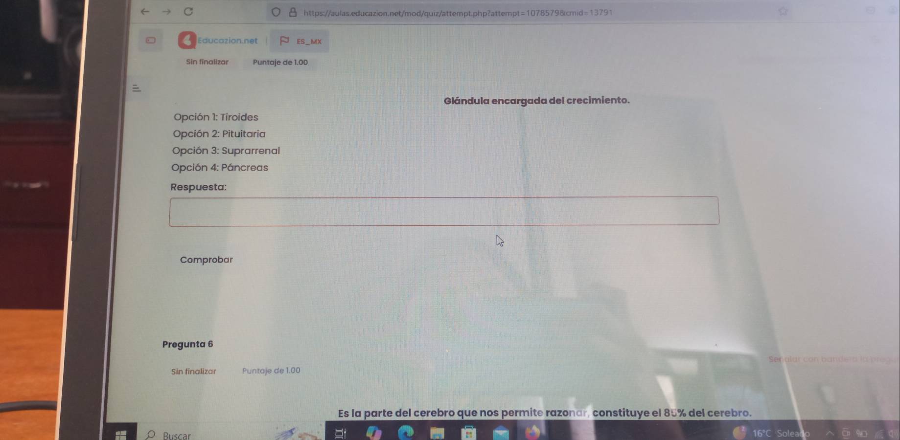 Educazion.net ES_MX 
Sin finalizar Puntaje de 1.00
Glándula encargada del crecimiento. 
Opción 1: Tiroides 
Opción 2: Pituitaria 
Opción 3: Suprarrenal 
Opción 4: Páncreas 
Respuesta: 
Comprobar 
Pregunta 6 
Senalar con bai 
Sin finalizar Puntaje de 1.00
Es la parte del cerebro que nos permite razonar, constituye el 85° del cerebro. 
Buscar
16°