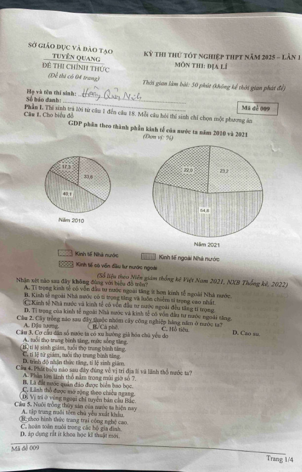sở giáo dục và đào tạo Kỳ thI thử tót nghiệp thPt năm 2025 - lần 1
tuyên quang MÔN THI: ĐỊA LÍ
Đề THI CHíNh tHức
(Để thi có 04 trang) Thời gian làm bài: 50 phút (không kể thời gian phát đề)
Họ và tên thí sinh:_
_
Số báo danh:
Mã đễ 009
Phần I. Thí sinh trả lời từ câu 1 đến câu 18. Mỗi câu hỏi thí sinh chí chọn một phương án
Câu 1. Cho biểu đồ
GDP phân theo thành phần kinh tế của nước ta năm 2010 và 2021
(Đơn vị: %)
22.0
23,2
54.8
Năm 2021
Kinh tế Nhà nước Kinh tế ngoài Nhà nước
Kinh tế có vốn đầu tư nước ngoài
(Số liệu theo Niên giám thống kê Việt Nam 2021, NXB Thống kê, 2022)
Nhận xét nào sau đây không đùng với biểu đồ trên?
A. Tỉ trọng kinh tế có vốn đầu tư nước ngoài tăng ít hơn kinh tế ngoài Nhà nước,
B. Kinh tế ngoài Nhà nước có ti trọng tăng và luôn chiếm tỉ trọng cao nhất.
(C) Kinh tế Nhà nước và kinh tế có vốn đầu tư nước ngoài đều tăng tỉ trọng.
D. Tỉ trọng của kinh tế ngoài Nhà nước và kinh tế có vốn đầu tư nước ngoài tăng.
Câu 2. Cây trồng nào sau đây thuộc nhóm cây công nghiệp hàng năm ở nước ta? D. Cao su.
A. Đậu tương. B. Cả phê. C. Hồ tiêu.
Câu 3. Cơ cấu dân số nước ta có xu hướng giả hóa chủ yểu do
A. tuổi thọ trung bình tăng, mức sống tăng.
B) tỉ lệ sinh giảm, tuổi thọ trung bình tăng.
C. tỉ lệ tử giám, tuổi thọ trung bình tăng.
D. trình độ nhận thức tăng, tí lệ sinh giảm.
Câu 4. Phát biểu nào sau đây đúng về vị trí địa lí và lãnh thổ nước ta?
A. Phần lớn lãnh thổ nằm trong mũi giờ số 7.
B. Là đất nước quần đảo được biển bao bọc.
C. Lãnh thổ được mở rộng theo chiều ngang.
Dị Vị trí ở vùng ngoại chí tuyển bản cầu Bắc.
Câu 5. Nuôi trồng thủy sản của nước ta hiện nay
A. tập trung nuôi tôm chủ yếu xuất khẩu.
B. theo hình thức trang trại công nghệ cao.
C. hoàn toàn nuôi trong các hộ gia đình.
D. áp dụng rất ít khoa học kĩ thuật mới.
Mã đề 009
Trang 1/4