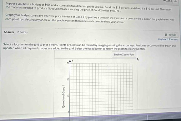 Suppose you have a budget of $90, and a store sells two different goods you like. Good 1 is $15 per unit, and Good 2 is $10 per unit. The cost of 
the materials needed to produce Good 2 increases, causing the price of Good 2 to rise by 80 %. 
Graph your budget constraint after the price increase of Good 2 by plotting a point on the x-axis and a point on the y-axis on the graph below. Plot 
each point by selecting anywhere on the graph; you can then move each point to show your answer. 
Answer 2 Points Keypad 
Keyboard Shortcuts 
Select a location on the grid to plot a Point. Points or Lines can be moved by dragging or using the arrow keys. Any Lines or Curves will be drawn and 
updated when all required shapes are added to the grid. Select the Reset button to return the graph to its original state. 
Enable Zoom/Pan