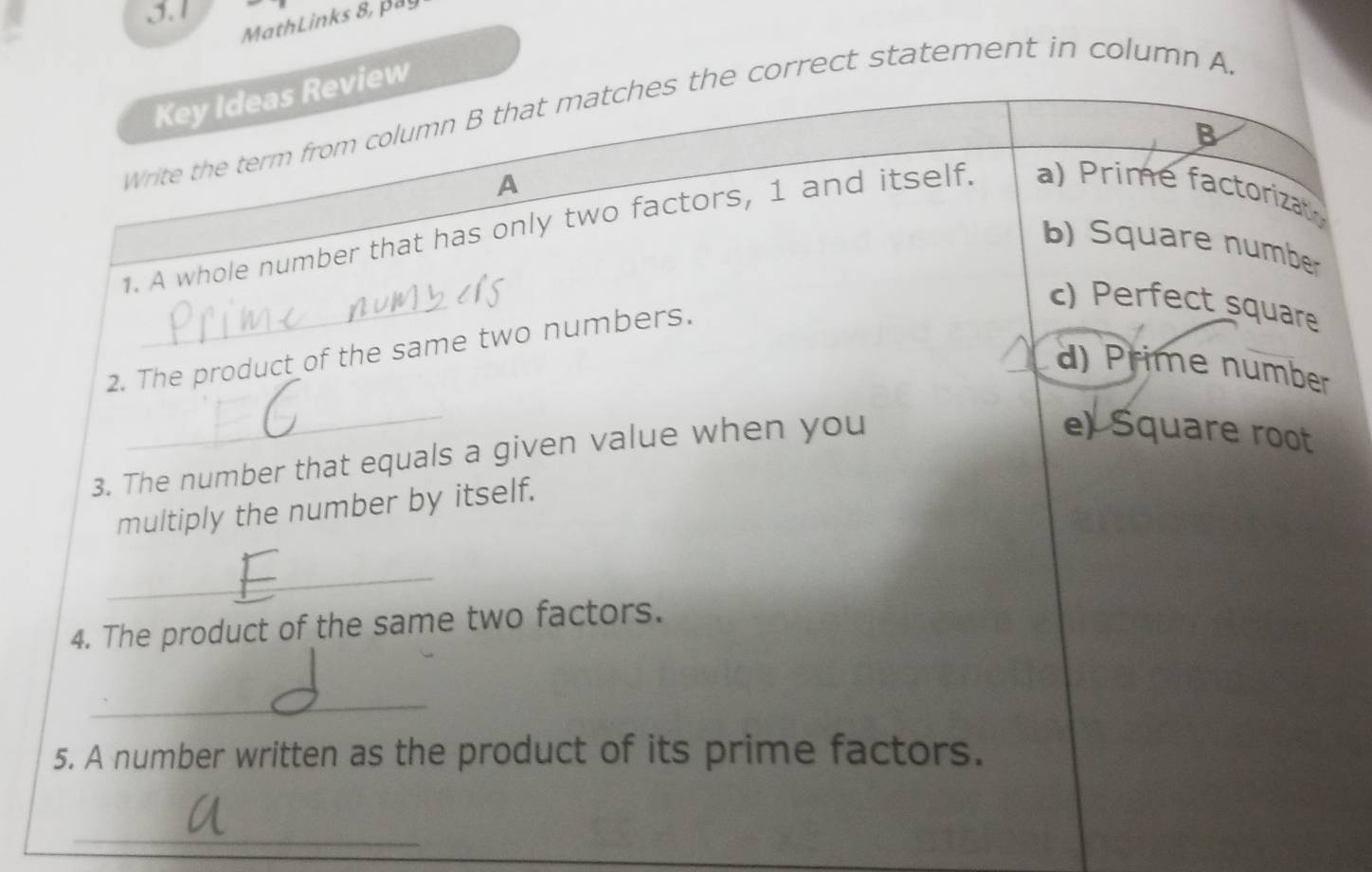 MathLinks 8, p 
ct statement in column A 
_