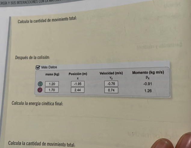 ergía y sus interacciones con la mat
Calcula la cantidad de movimiento total:
Después de la colisión:
Calcula la energía cinética final:
Calcula la cantidad de movimiento total: