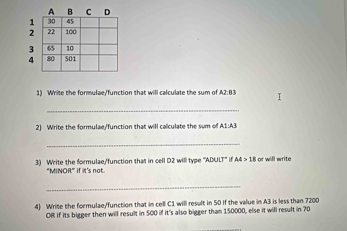 Write the formulae/function that will calculate the sum of A2:B3
_ 
2) Write the formulae/function that will calculate the sum of A1:A3
_ 
3) Write the formulae/function that in cell D2 will type “ADULT” if A4>18 or will write 
“MINOR” if it’s not. 
_ 
4) Write the formulae/function that in cell C1 will result in 50 If the value in A3 is less than 7200
OR if its bigger then will result in 500 if it’s also bigger than 150000, else it will result in 70