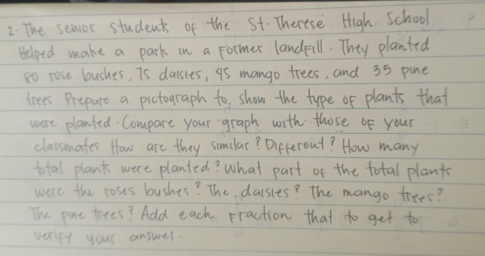 The sencor students of the St. Therese. High School 
Helped make a park in a Former landFill. They planted 
so rose bushes, i5 daisies, us mango frees, and 35 pine 
trees Prepare a pictograph to show the type of plants that 
were planted. Compare your graph with those of your 
classmates How are they simlar? Different? How many 
total plants were planted? What part of the total plant 
were the toses bushes? The, daisies? The mango trees? 
The part trees? Add each Fraction that to get to 
veriey your answer.