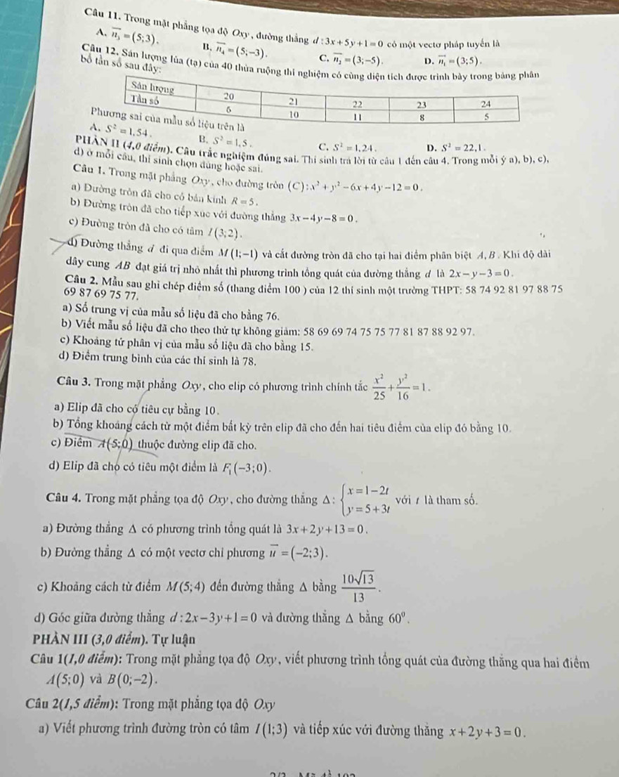 Trong mặt phẳng tọa độ Oxy , đường thắng d:3x+5y+1=0 có một vectơ pháp tuyển là
A. overline n_3=(5;3). B. overline n_4=(5;-3). C. overline n_2=(3;-5). vector n_1=(3;5).
D.
Câu 12, Sán lượng lủa (tạ) của 40 thừa ruộng
bố tần số sau đấy:
B. S^2=1.5. C. S^2=1.24. D. S^2=22,1.
phản 11(4,0diem) 0. Cầu trắc nghiệm đúng sai. Thí sinh tra lời từ câu 1 đến câu 4. Trong mỗi ý a), b), c),
d) ở mỗi cầu, thỉ sinh chọn đúng hoặc sai.
Câu 1. Trong mặt phẳng Oxy , cho đường tròn (C):x^2+y^2-6x+4y-12=0.
a) Đường tròn đã cho có bản kính R=5.
b) Đường tròn đã cho tiếp xuc với đường thẳng 3x-4y-8=0
c) Đường tròn đã cho có tâm I(3;2).
Đường thẳng # đi qua điểm M (1;-1) và cắt đường tròn đã cho tại hai điểm phân biệt A, B . Khi độ dài
dây cung AB đạt giá trị nhỏ nhất thì phương trình tổng quát của đường thắng đ là 2x-y-3=0.
Câu 2. Mẫu sau ghỉ chép điểm số (thang điểm 100 ) của 12 thí sinh một trường THPT: 58 74 92 81 97 88 75
69 87 69 75 77.
a) Số trung vị của mẫu số liệu đã cho bằng 76.
b) Viết mẫu số liệu đã cho theo thứ tự không giảm: 58 69 69 74 75 75 77 81 87 88 92 97.
c) Khoảng tứ phân vị của mẫu số liệu đã cho bằng 15.
d) Điểm trung bình của các thí sinh là 78.
Câu 3. Trong mặt phẳng Oxy *, cho elip có phương trình chính tắc  x^2/25 + y^2/16 =1.
a) Elip đã cho có tiêu cự bằng 10.
b) Tổng khoảng cách từ một điểm bắt kỳ trên elip đã cho đến hai tiêu điểm của clip đó bằng 10.
c) Điểm A(-5;0) thuộc đường elip đã cho.
d) Elip đã chó có tiêu một điểm là F_1(-3;0).
Câu 4. Trong mặt phẳng tọa độ Oxy , cho đường thẳng Δ : beginarrayl x=1-2t y=5+3tendarray. với t là tham số
a) Đường thẳng A có phương trình tổng quát là 3x+2y+13=0.
b) Đường thẳng Δ có một vectơ chỉ phương vector u=(-2;3).
c) Khoảng cách từ điểm M(5;4) đến đường thẳng △ bằng  10sqrt(13)/13 .
d) Góc giữa đường thẳng d:2x-3y+1=0 và đường thẳng △ bing 60°.
PHÀN III (3,0 điểm). Tự luận
Câu 1(1,0 điểm): Trong mặt phẳng tọa độ Oxy, viết phương trình tổng quát của đường thắng qua hai điểm
A(5;0) và B(0;-2).
Câu 2( 1,5diem) 0: Trong mặt phẳng tọa độ Oxy
a) Viết phương trình đường tròn có tâm I(1;3) và tiếp xúc với đường thăng x+2y+3=0.